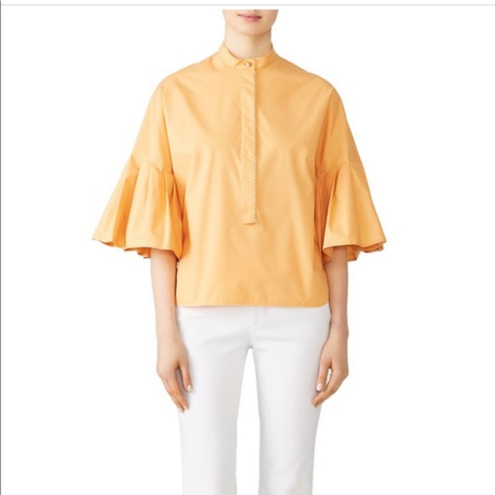 Genny Pleated Poplin Bell Sleeve Top Gold Trim Placket SZ US 4 Made In Italy - Picture 4 of 5